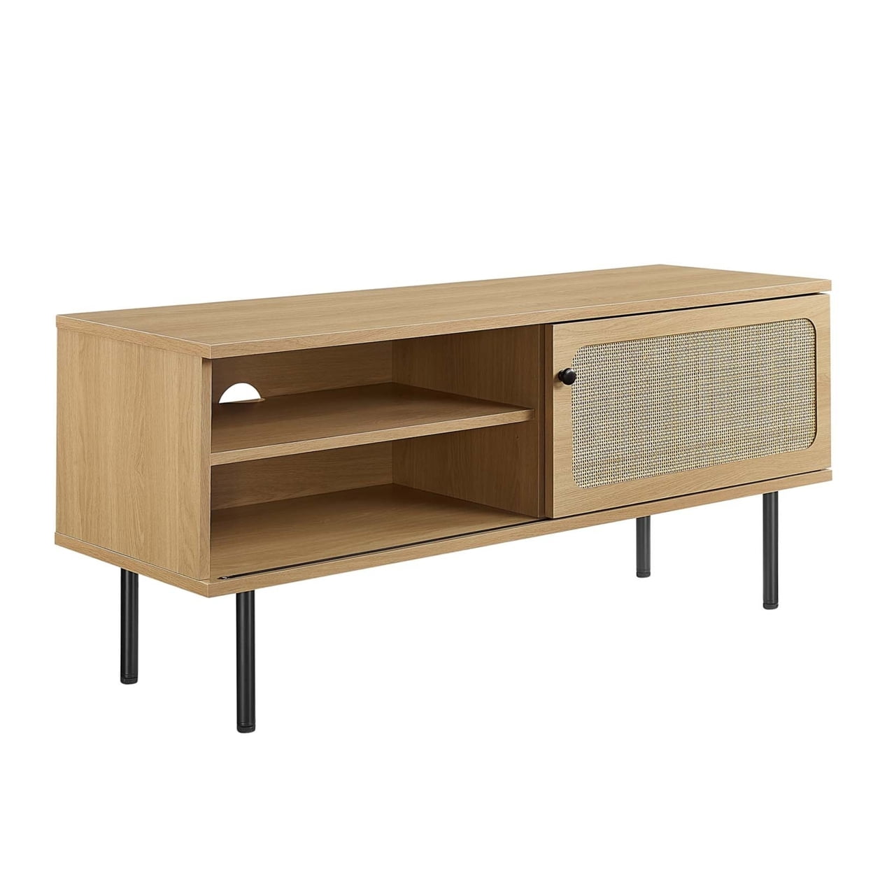 Rustic Oak 47" Media Console with Rattan Cabinet and Metal Legs