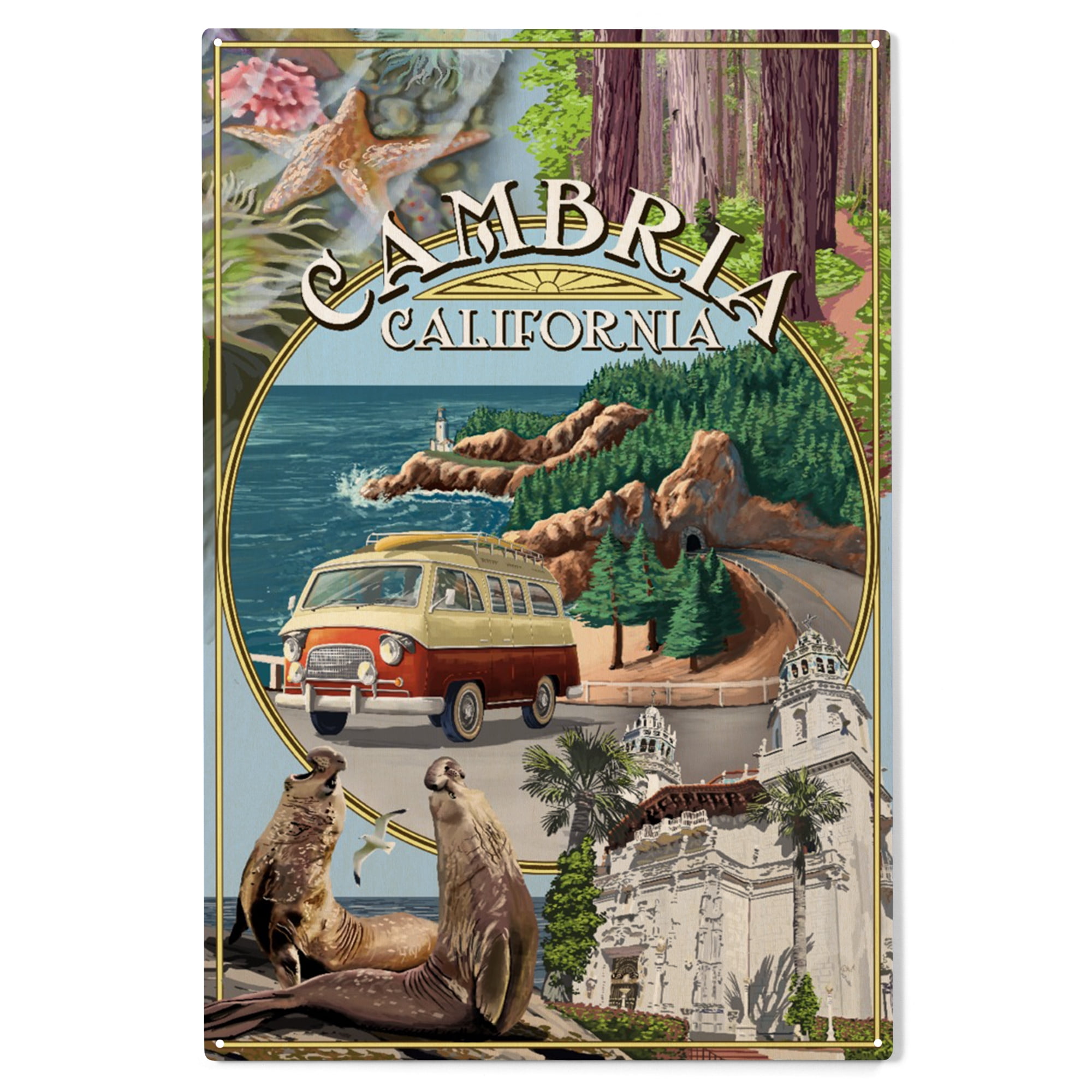 Cambria, California, Camper Van, Montage Birch Wood Wall Sign (10x15 ...