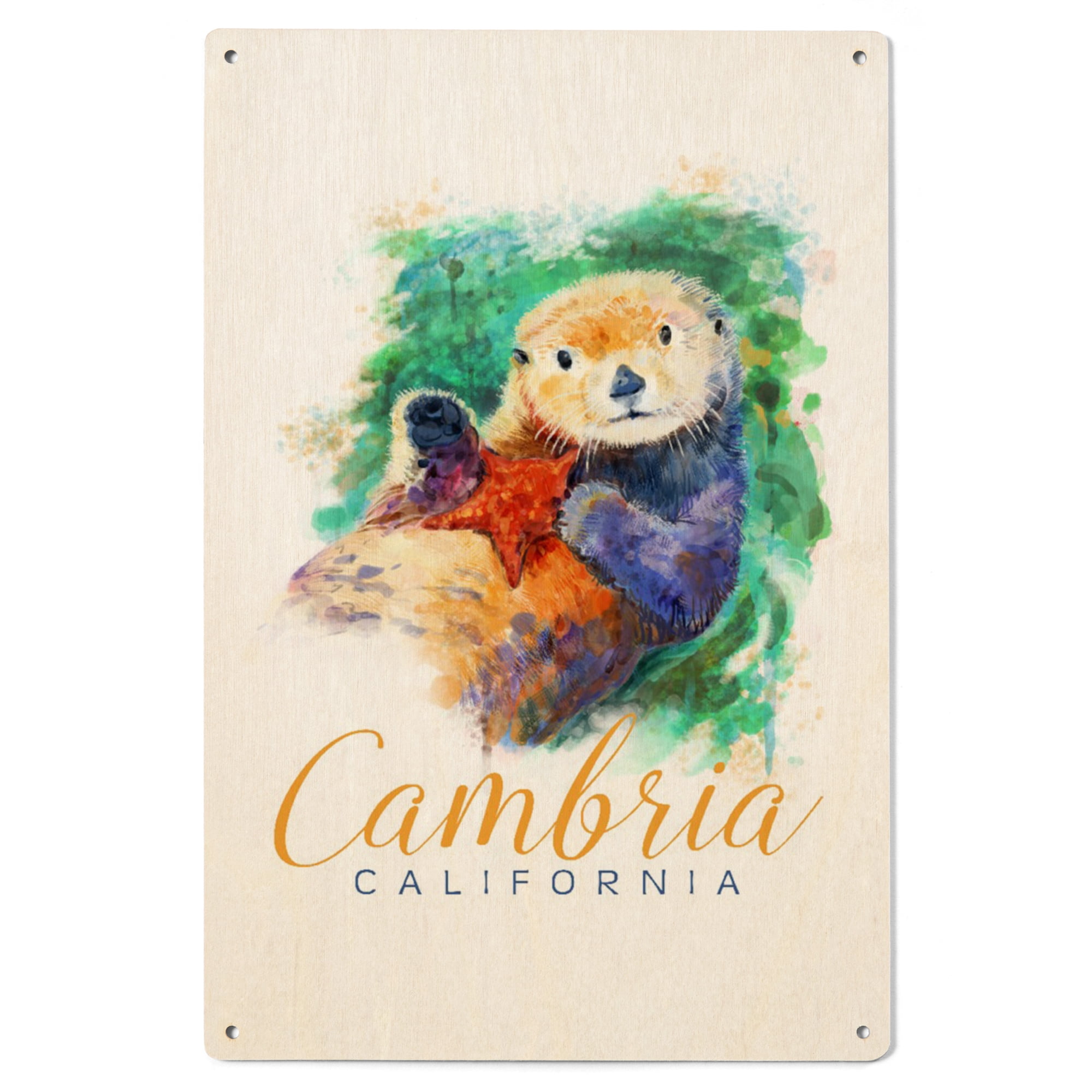 Cambria, California, Sea Otter, Watercolor Birch Wood Wall Sign (6x9 ...