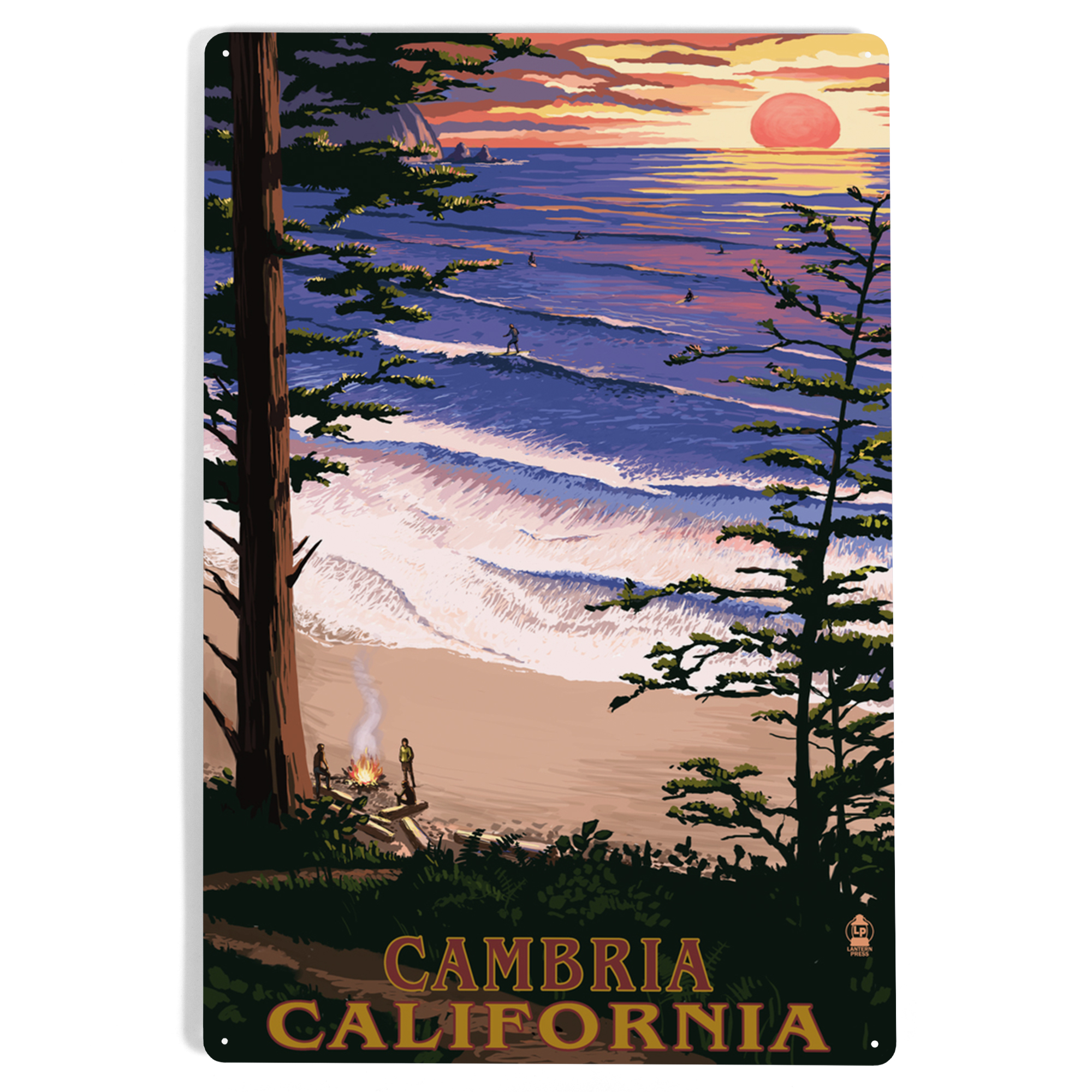 Cambria, California, Sunset and Surfers (12x18 Aluminum Art, Indoor ...