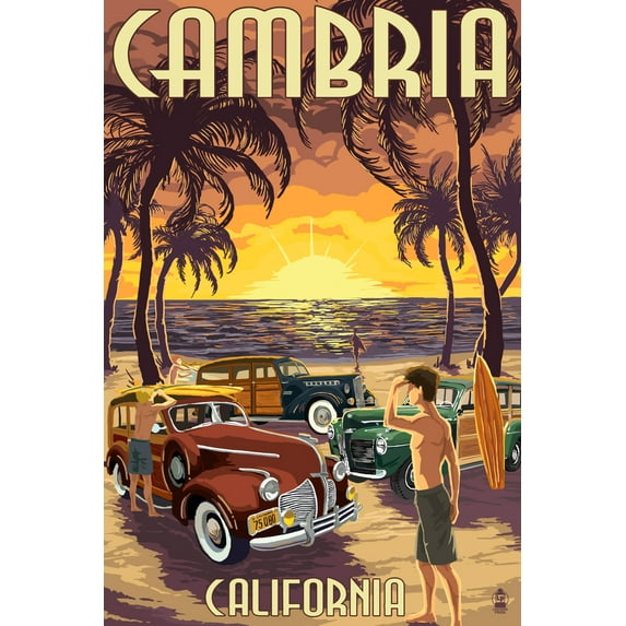 Cambria, California, Woodies and Sunset (9x12 Wall Art Print, Home Decor)