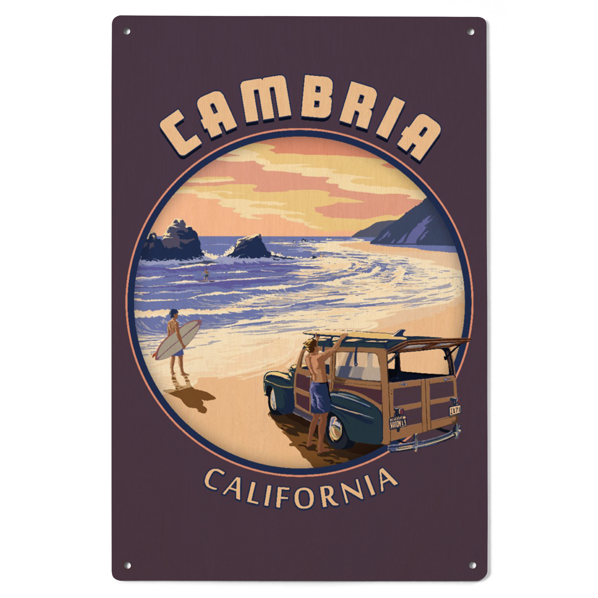 Cambria, California, Woody on Beach, Contour Birch Wood Wall Sign (6x9 ...