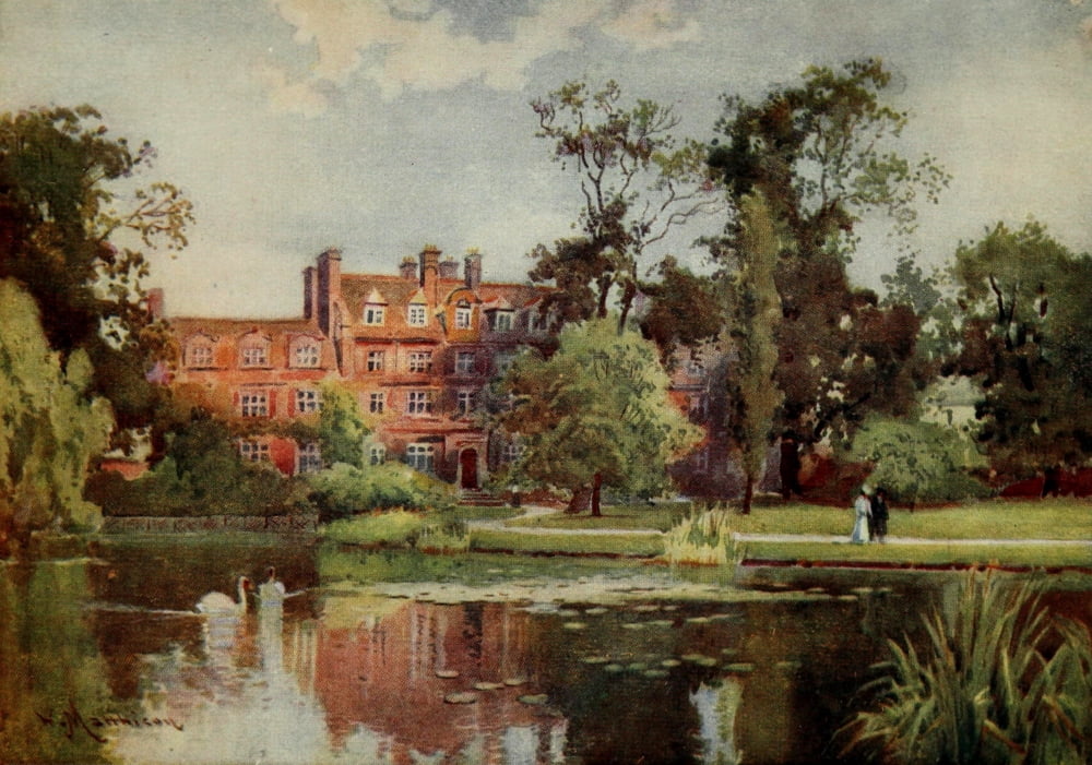 Cambridge 1907 Emmanuel college lake & new buildings Canvas Art - William Matthison (18 x 24)