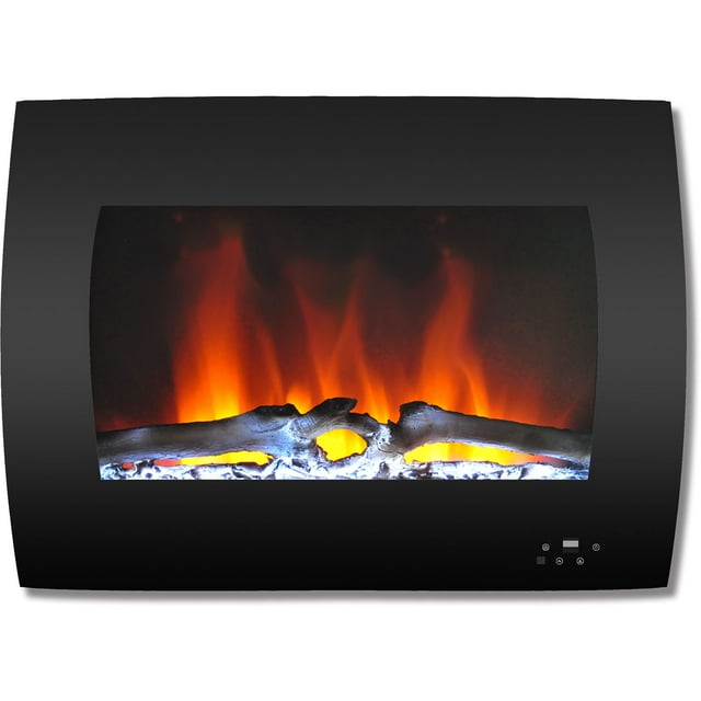 Cambridge 26" Curved Wall Mount Electric Fireplace Heater with Multi-Color LED Flames and Driftwood Log Display