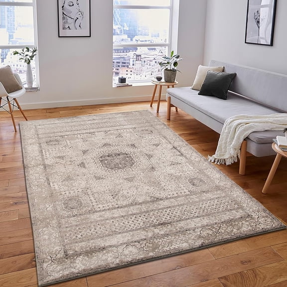 Luxee Designs Cambridge Collection – 10×14 ft Classic Medallion Area Rug – Power-Loomed High-Luster Polyester, Textured, Metallic Sheen – Light Gray