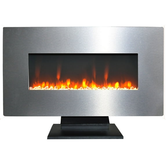 Cambridge 36 In. Electric Wall Mounted Fireplace Heater with Flame Crystal Rock Display, Adjustable Heat, Remote, in Stainless Steel Finish - CAM36WMEF-1SS