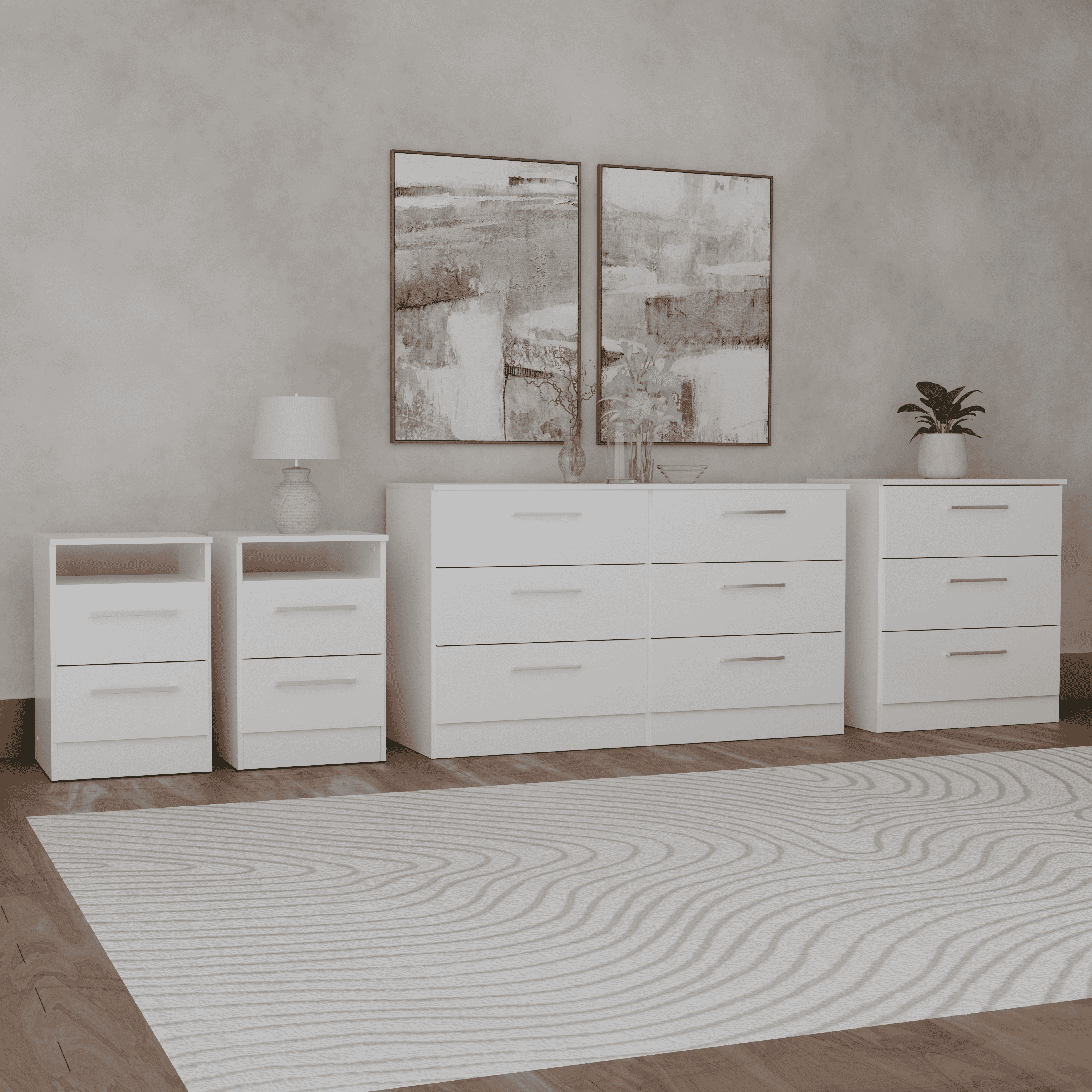 Kappesberg Cambridge 4-Piece White Modern Bedroom Furniture Set with 6-Drawer Dresser, 3-Drawer Chest, and 2 Nightstands - for Adults and Teens