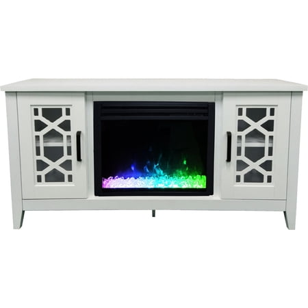 Cambridge 56-in. Stardust Mid-Century Modern Electric Fireplace with Deep Multi-Color Crystal Insert, White