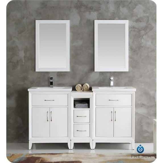 Cambridge 60"White Dbl Sink Traditional Bathroom Vanity & Mirrors