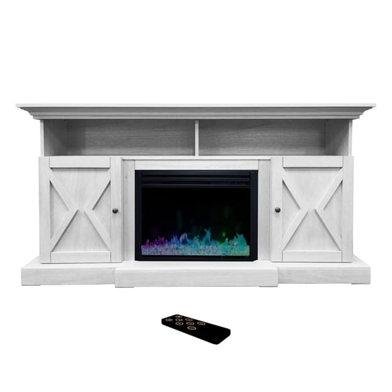 Cambridge 62"x15"x33"Summit Farmhouse Style Electric Fireplace TV Stand with Remote Control, Enhanced, Deep Crystal Insert with Color Changing LED Lights, White - CAM6215-1WHTCRS