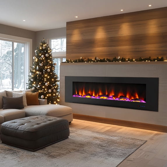 Cambridge 72-in. Black Indoor Wall Mount Electric Fireplace with Log Display