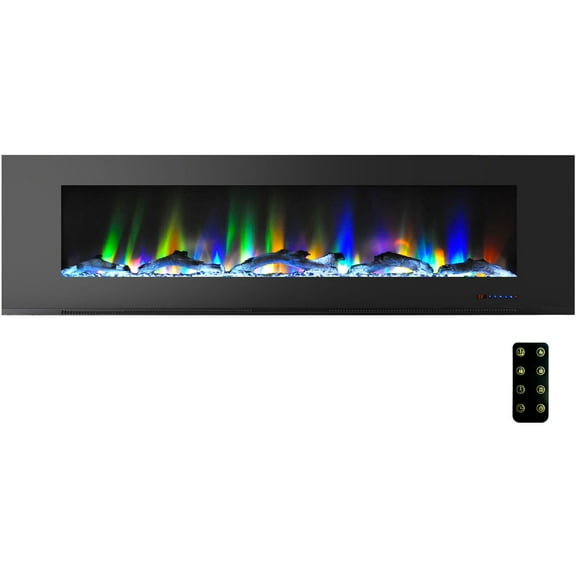 Cambridge 78 In. Electric Wall Mounted Fireplace Heater in Black with Multi-color Flame Driftwood Log Display, Adjustable Heat, Remote - CAM78WMEF-2BLK