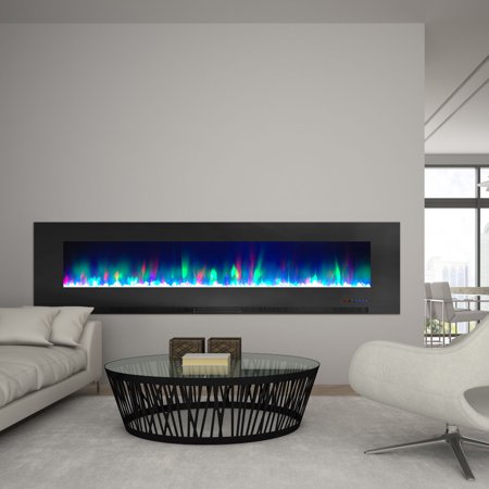 Cambridge 78-In. Wall Mounted Electric Fireplace Heater with Remote Control, Multicolor Flames, and Crystal Rock Display, Black, CAM78WMEF-1BLK