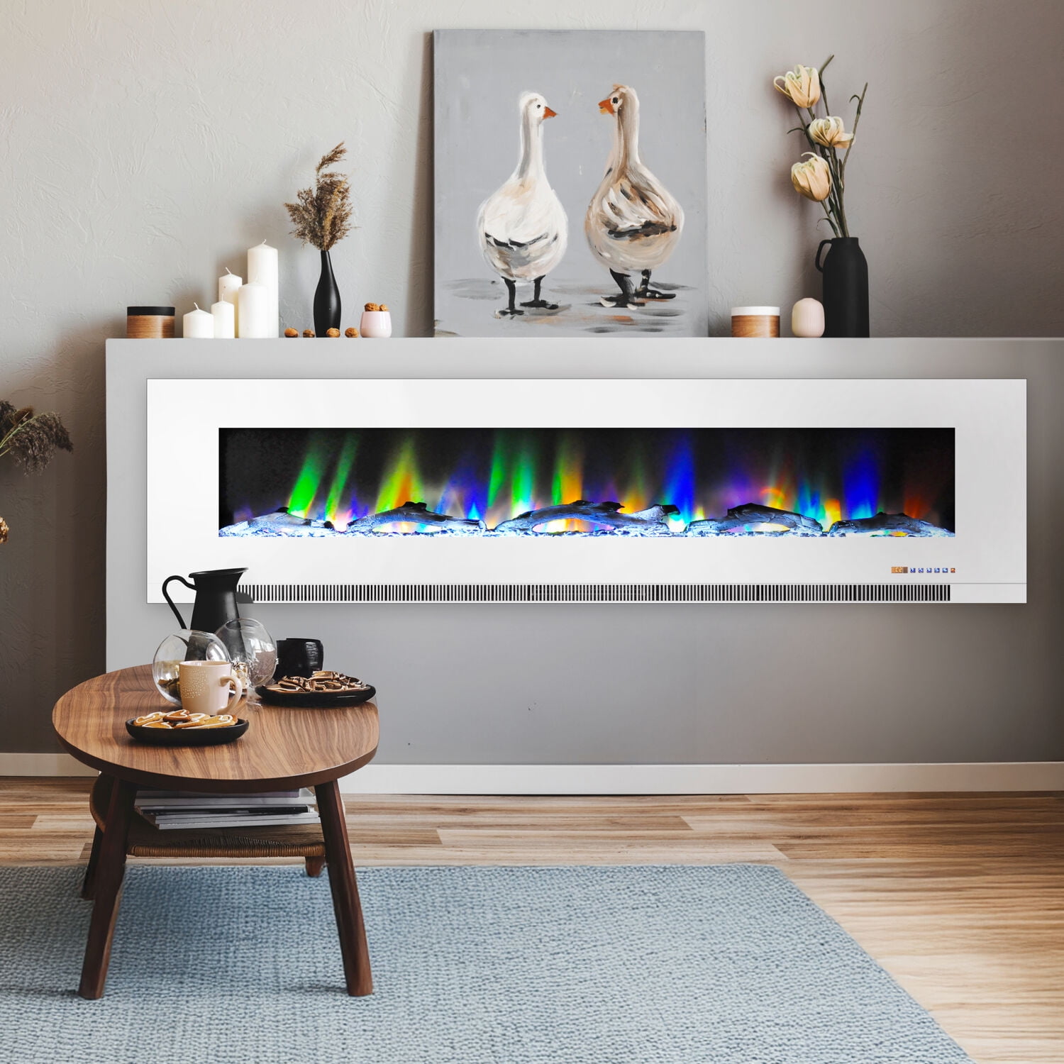 78-Inch White Wall-Mounted Electric Fireplace with Multi-Color Flames and Driftwood Logs