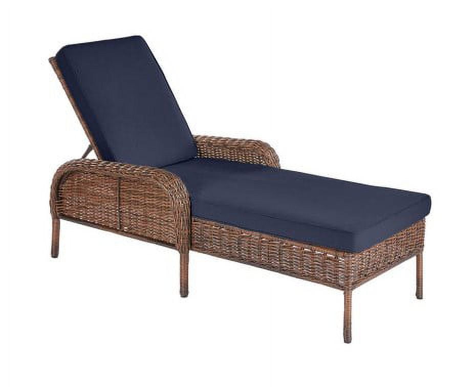 Hampton bay cambridge brown wicker outdoor patio deals ottoman with standard midnight navy blue cushions