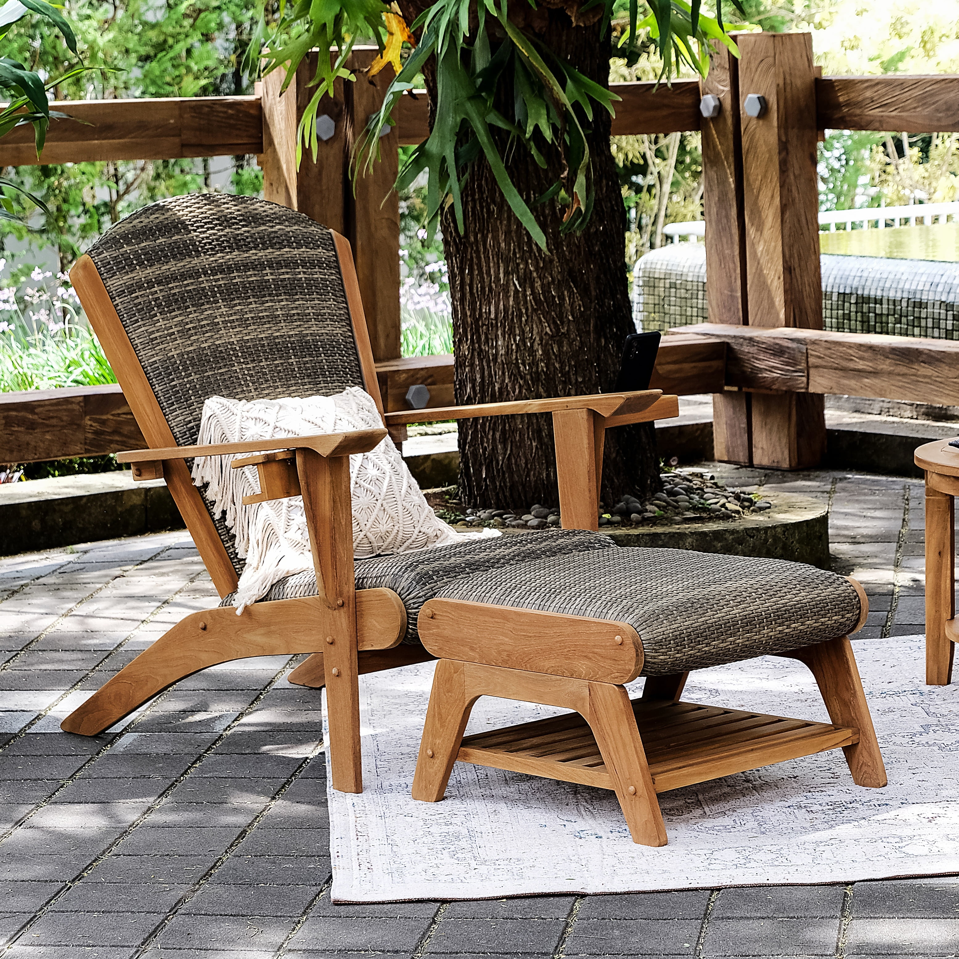 Auburn Teak and Gray Wicker Outdoor Adirondack Chair with Ottoman