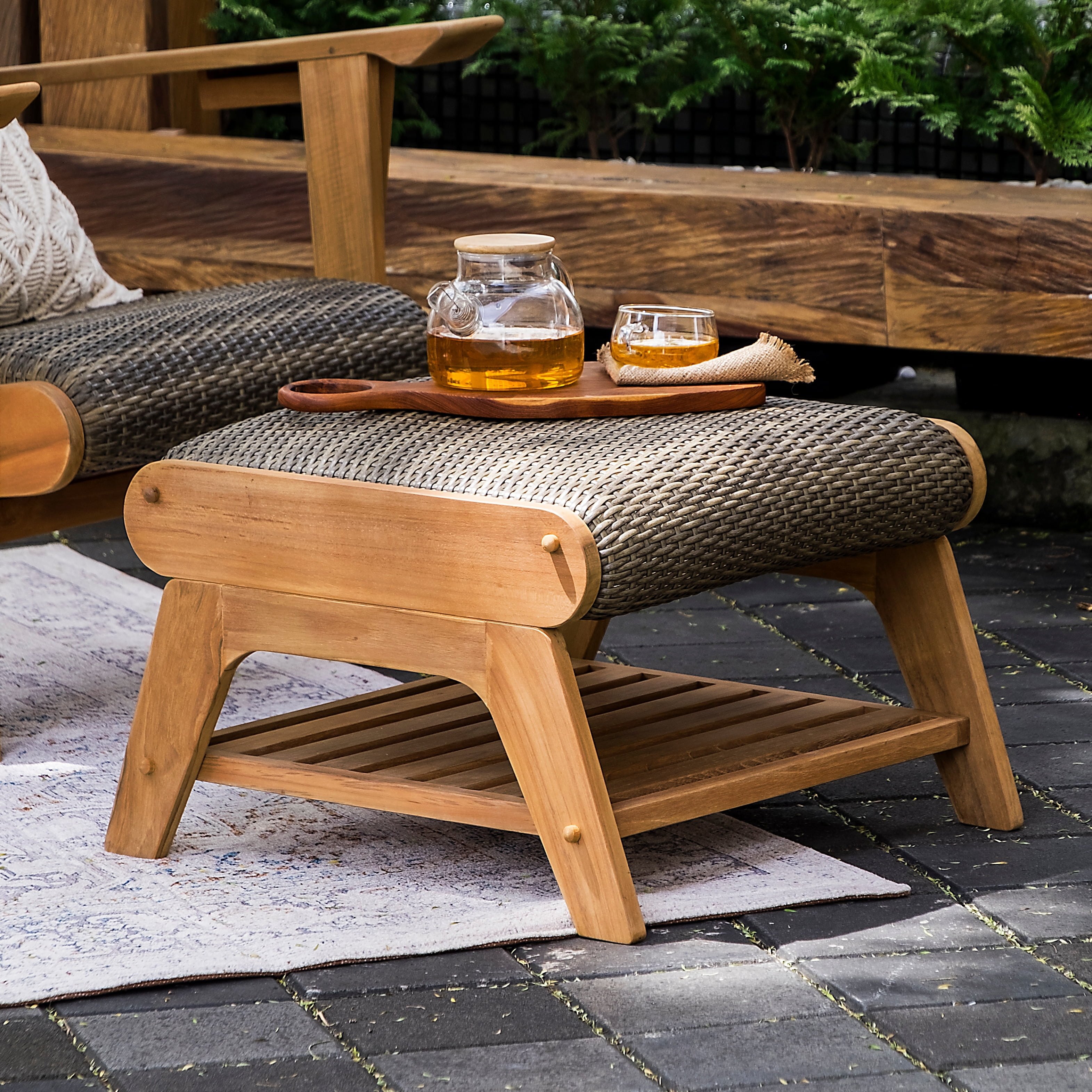 Auburn Teak and Gray Wicker Outdoor Ottoman