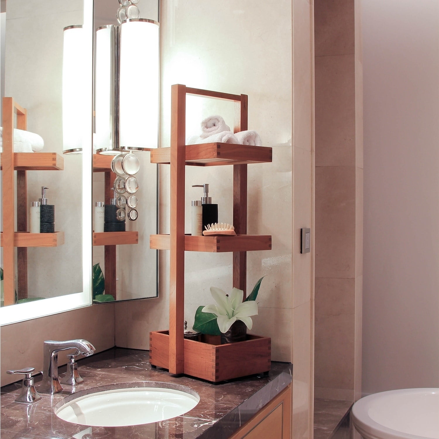 Medium Brown Teak Wood Freestanding 3-Tier Bath Caddy