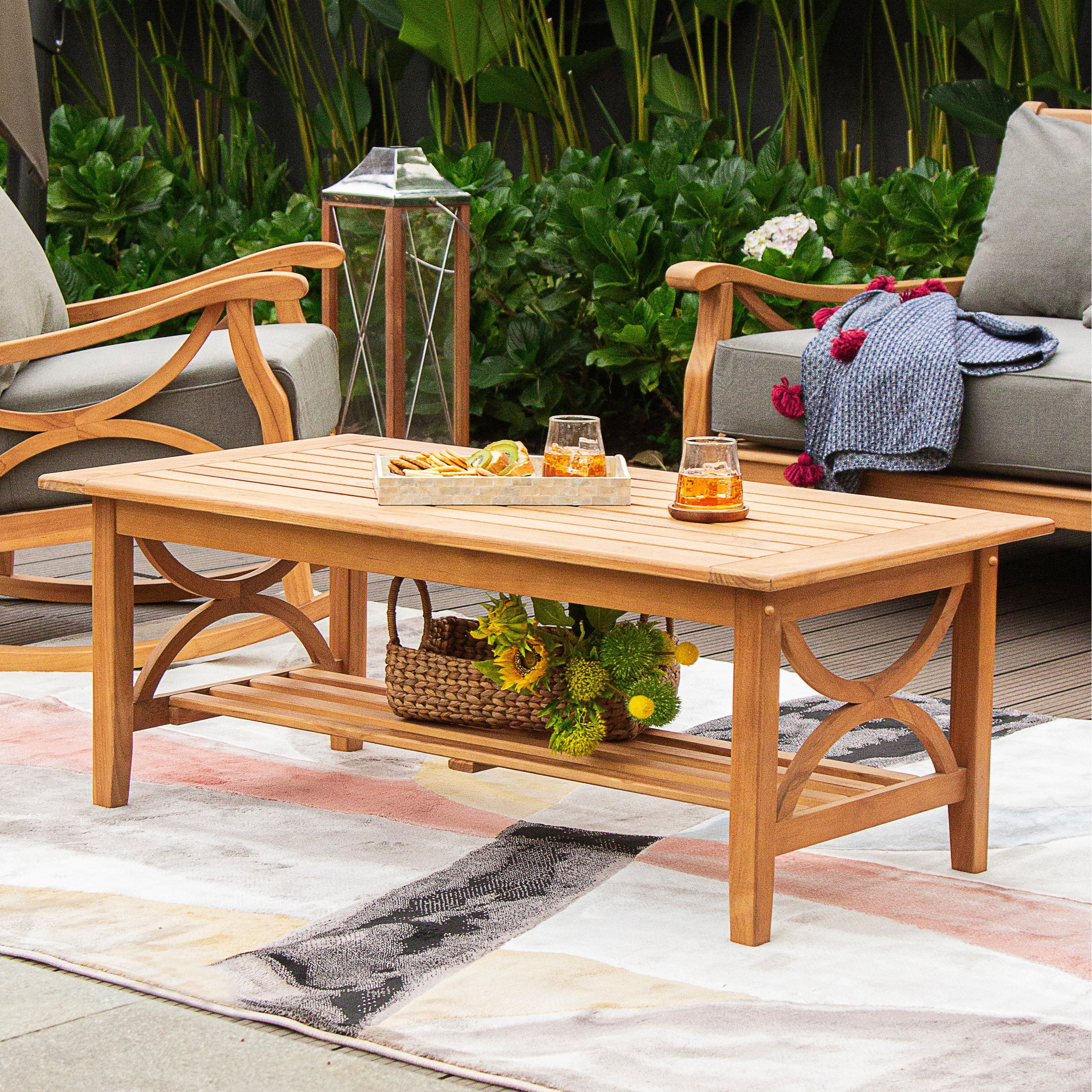 Natural Teak Outdoor Patio Coffee Table with Shelf