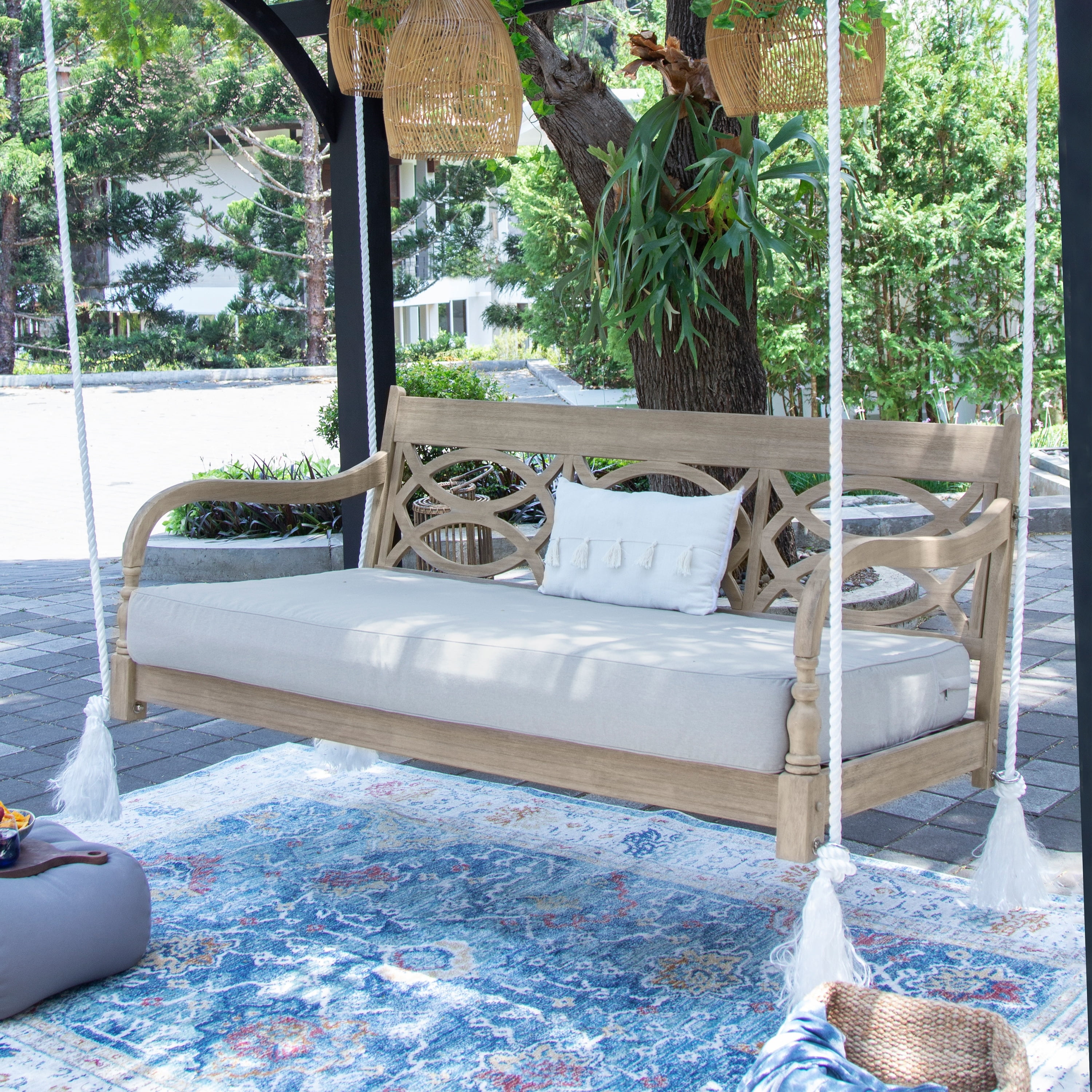 Renley Lime Wash Mahogany Outdoor Porch Swing Daybed with Oyster Cushion