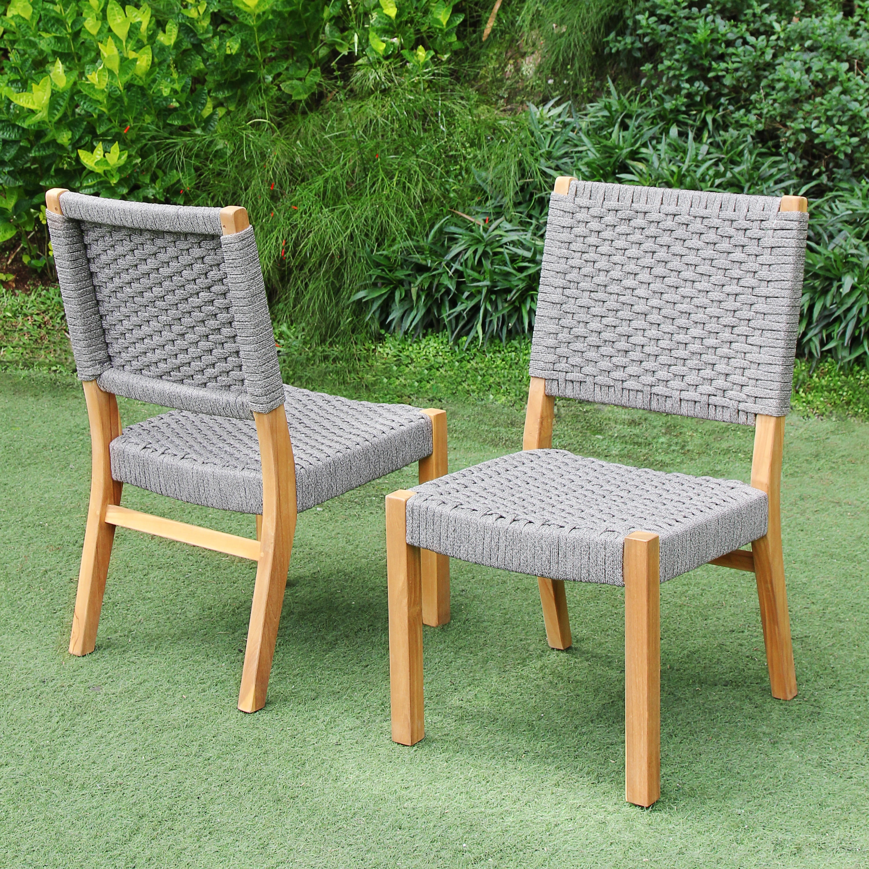 Natural Teak and Gray Woven Polyrope Patio Dining Chair Set