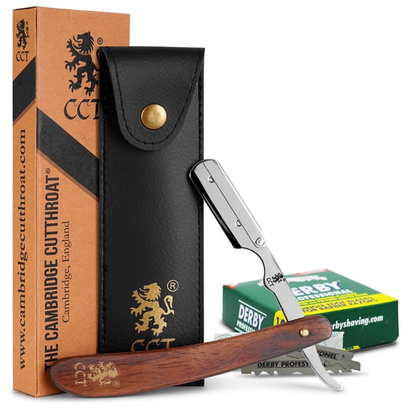 The Cambridge Cutthroat® Cut Throat Razor Kit with Blades & Travel Pouch - Missanda Hardwood & Stainless Steel Professional Barber Shaver Men - Straight Edge Moustache & Beard Shaper