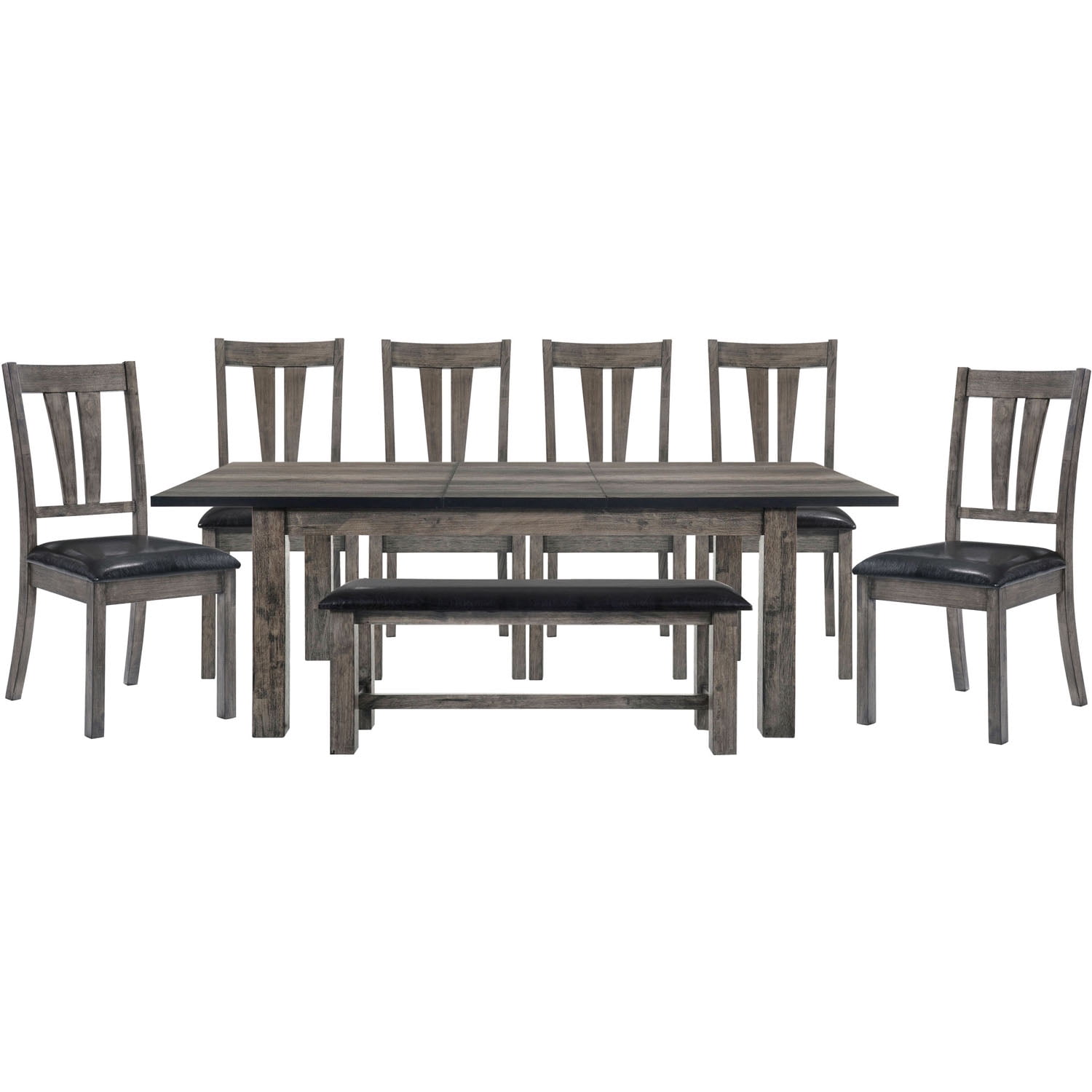 Rustic Gray Oak 8-Piece Dining Set with High-Back Chairs and Bench
