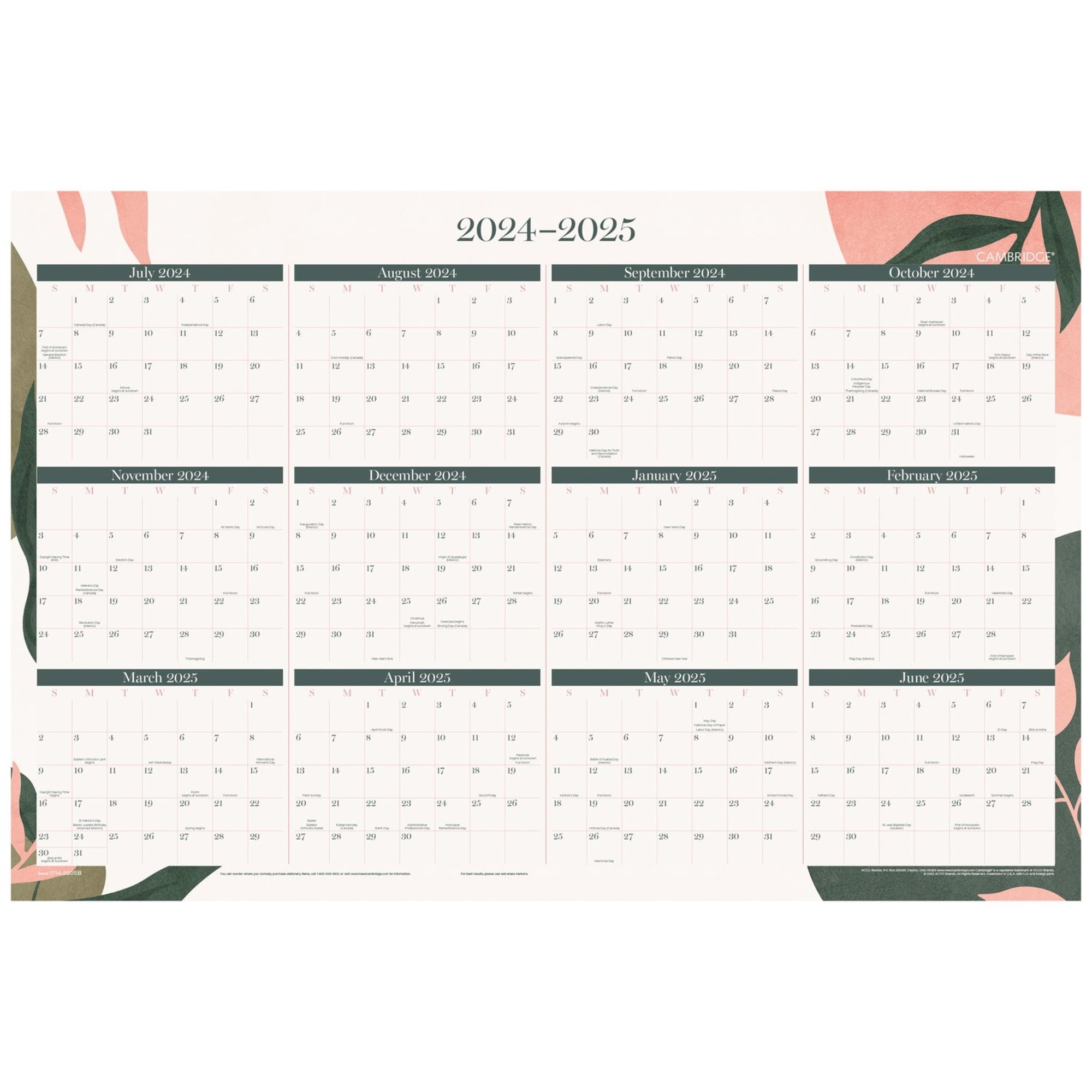 2024-2025 Cambridge® Haven Reversible Academic Year/Regular Year Erasable Wall Calendar, 24 2024-2025-cambridge-haven-reversible-academic-year-regular-year-erasable-wall-calendar-24-x-36-floral-july-to-june-walmart-com