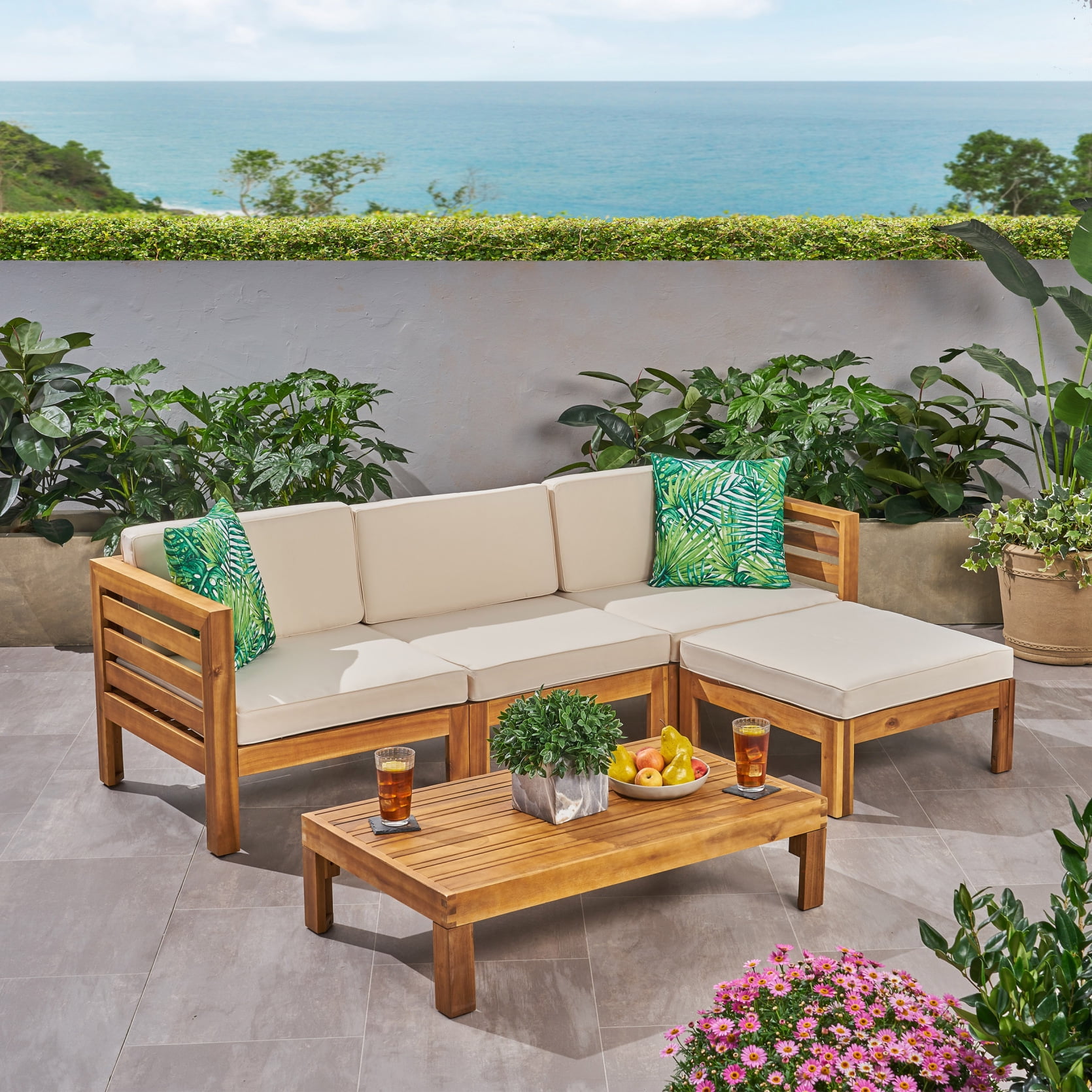 Cambridge L Shape Outdoor Sofa Set in Beige with Ottoman and Coffee ...