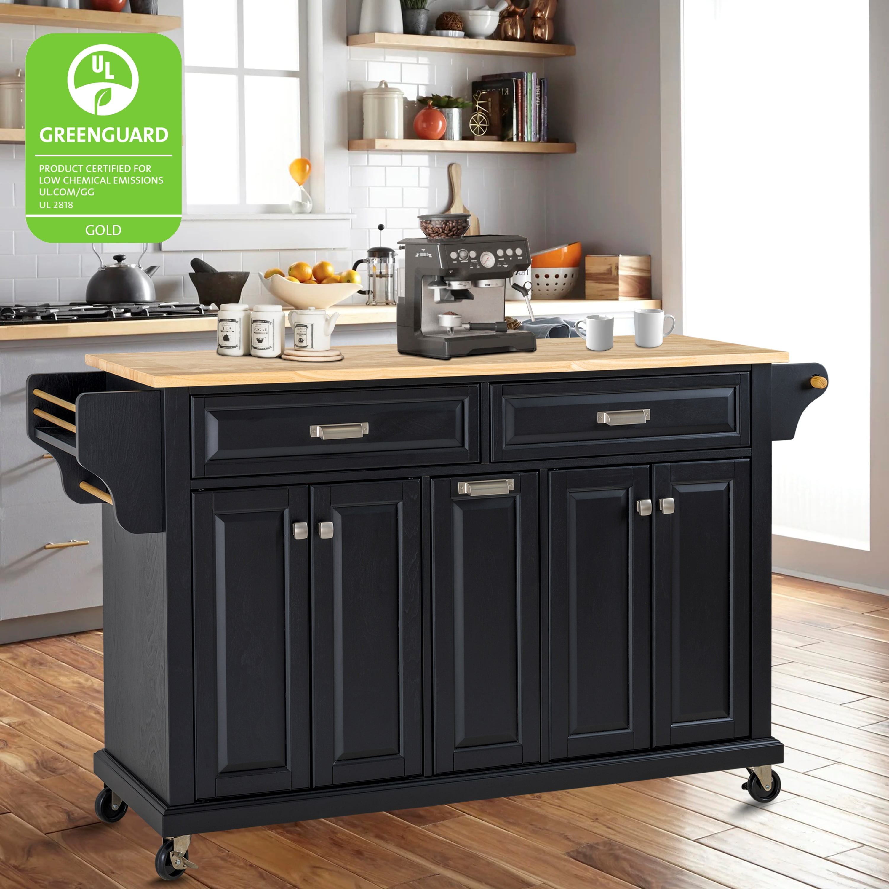 Cambridge Mobile Kitchen Islands on Wheels with Storage, Rubber Wood