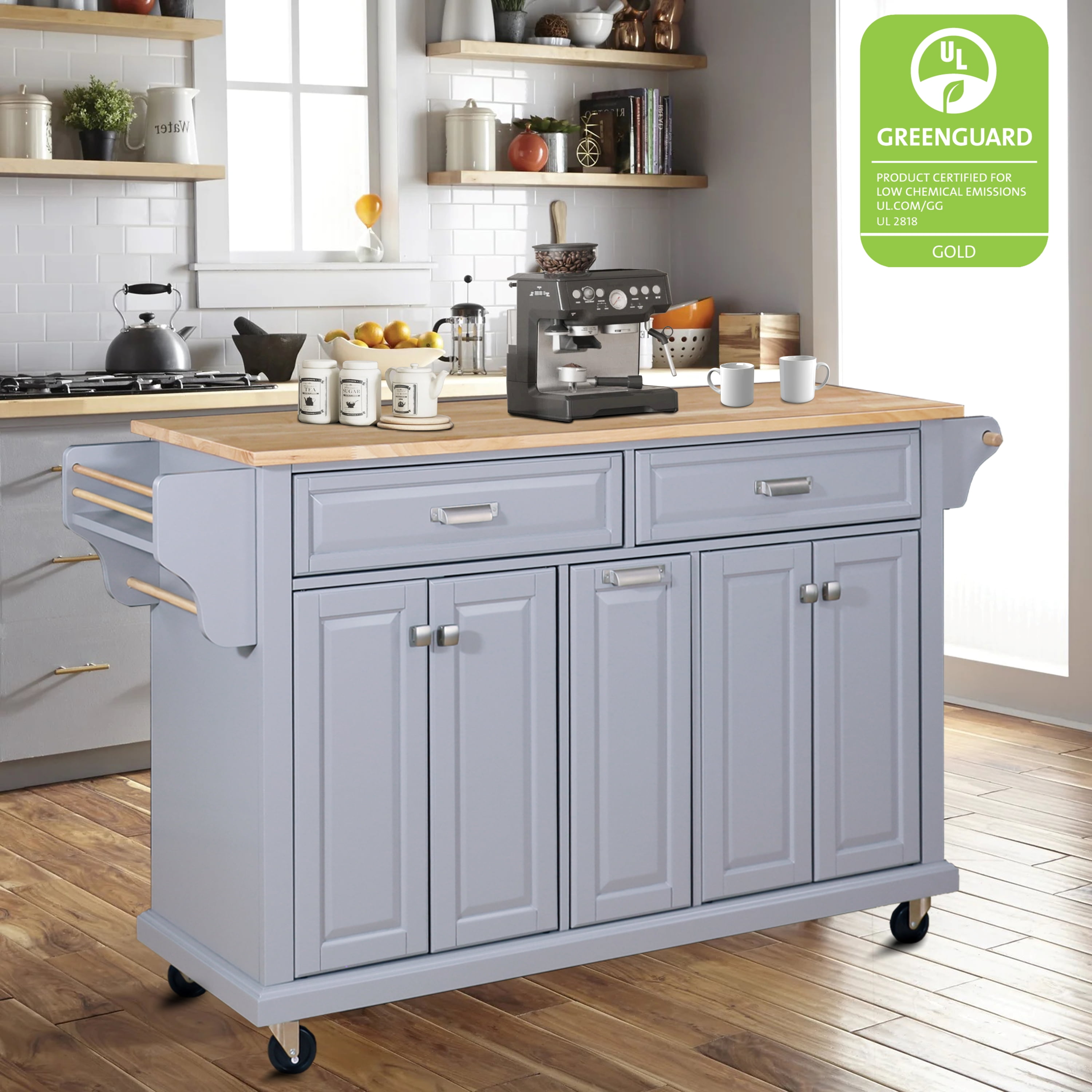 Cambridge Mobile Kitchen Islands on Wheels with Storage, Rubber Wood