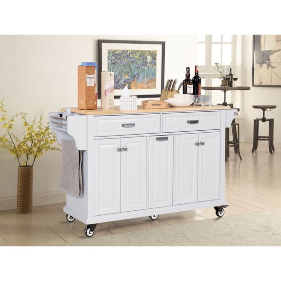 Cambridge Mobile Kitchen Islands on Wheels with Storage, Rubber Wood Countertop, Spice Rack,Towel Holder, 3 Storage Drawers and 2 Cabinets, L60.5 x W18.13 x H36.75IN, (White)