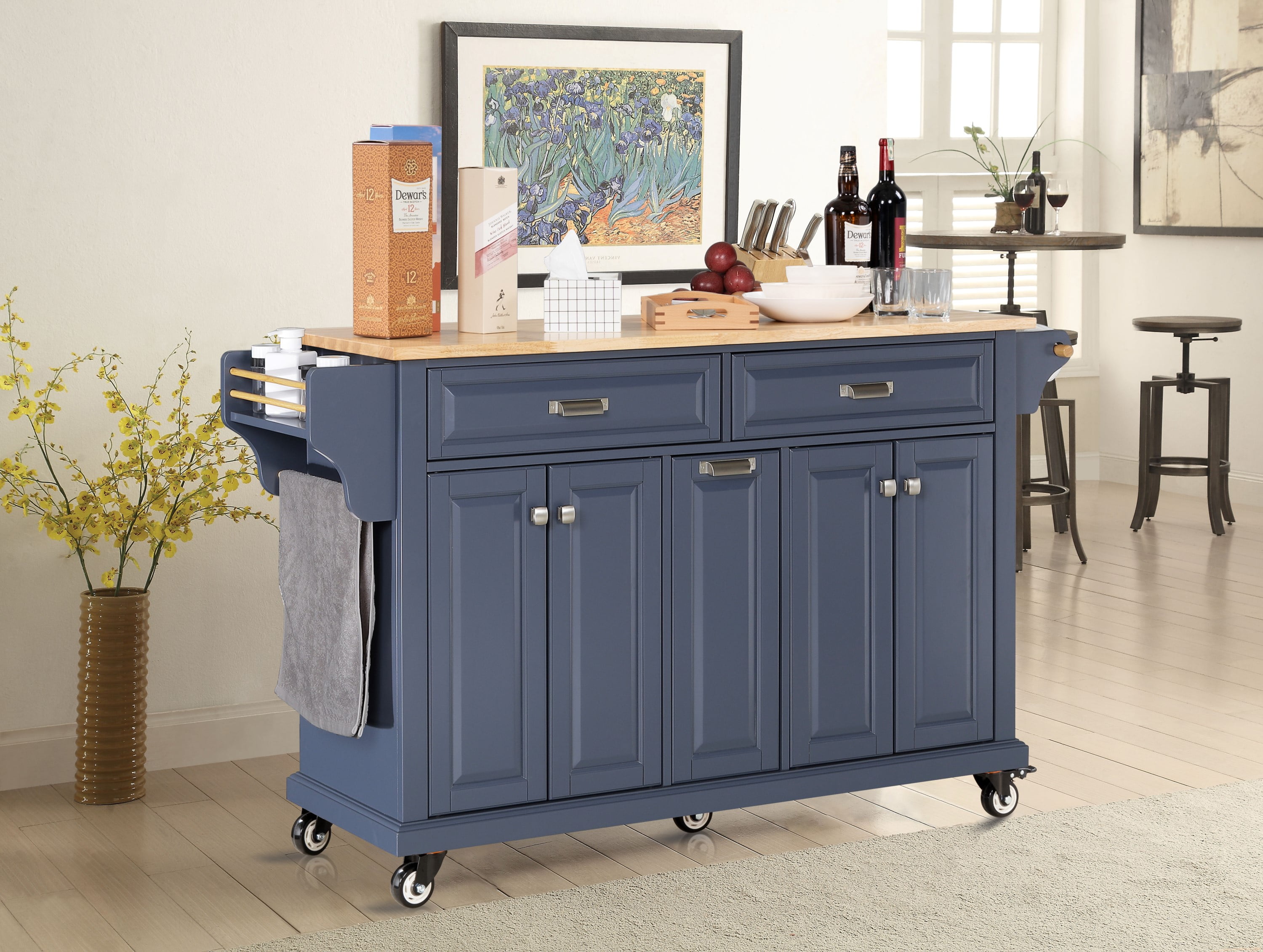 Cambridge Mobile Kitchen Islands on Wheels with Storage, Rubber Wood Countertop, Spice Rack,Towel Holder, 3 Storage Drawers and 2 Cabinets, L60.5 x W18.13 x H36.75IN, (Blue)