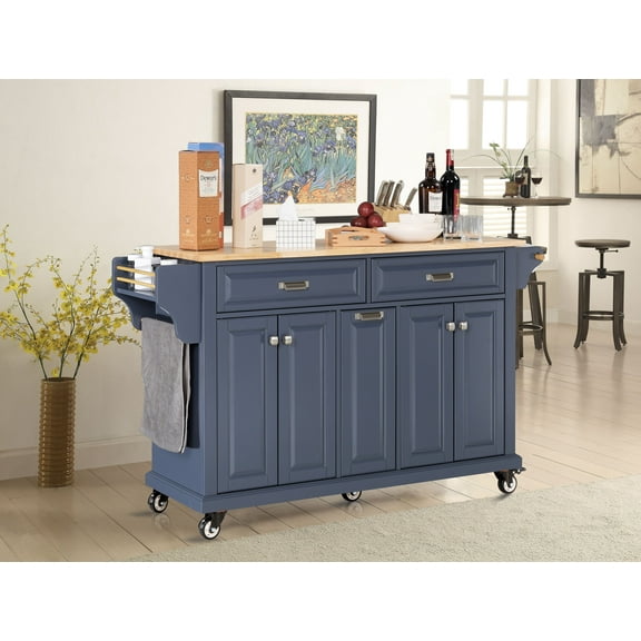 Cambridge Mobile Kitchen Islands on Wheels with Storage, Rubber Wood Countertop, Spice Rack,Towel Holder, 3 Storage Drawers and 2 Cabinets, L60.5 x W18.13 x H36.75IN, (Blue)