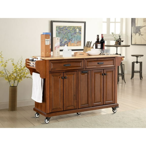 Cambridge Mobile Kitchen Islands on Wheels with Storage, Rubber Wood Countertop, Spice Rack,Towel Holder, 3 Storage Drawers and 2 Cabinets, L60.5 x W18.13 x H36.75IN, (Mahogany)