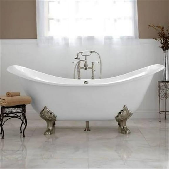 Cambridge Plumbing DES-DH-BN 71 x 30 in. Cast Iron Double Ended Slipper Tub with 7 in. Deck Mount Faucet Drillings & Brushed Nickel Feet Feet