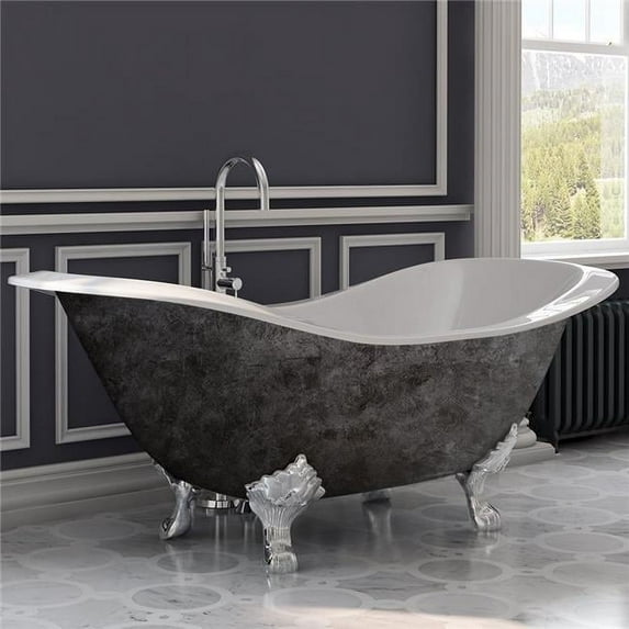 Cambridge Plumbing DES-NH-CP-SP 71 in. Scorched Platinum Cast Iron Double Slipper Tub, Chrome Lions Paw Feet, No Faucet Holes