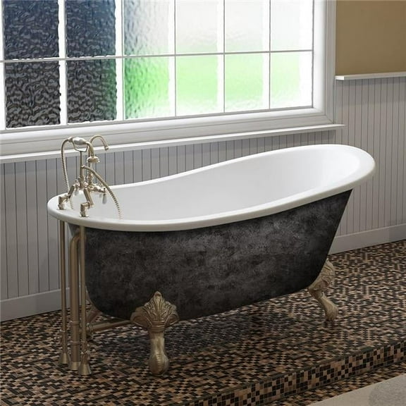 Cambridge Plumbing ST61-DH-BN-SP 61 x 30 in. Scorched Platinum Cast Iron Slipper Bathtub with 7 in. Deck Mount Faucet Holes & Brushed Nickel Feet