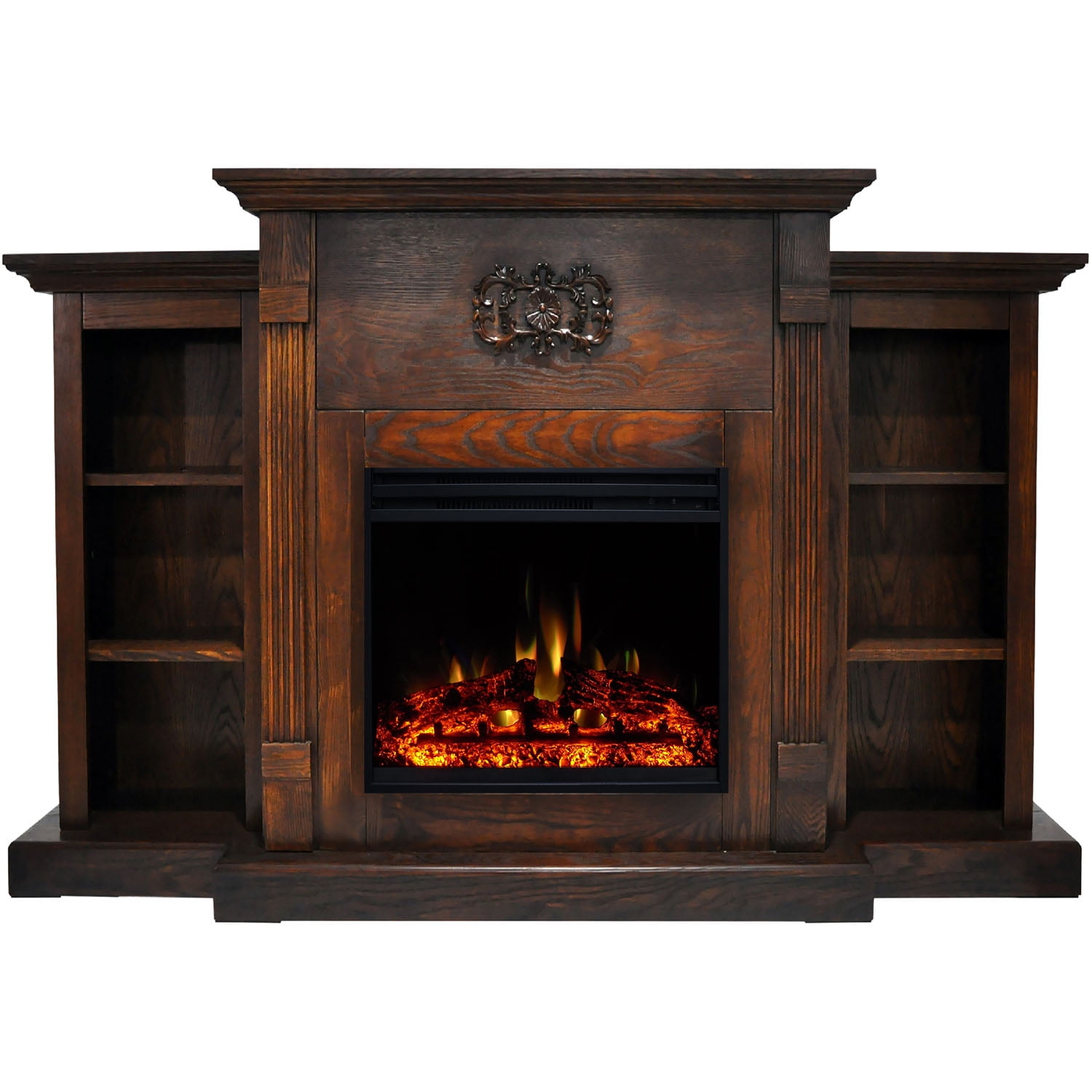 Sanoma 72'' Walnut Electric Fireplace with Mantel and Bookshelves