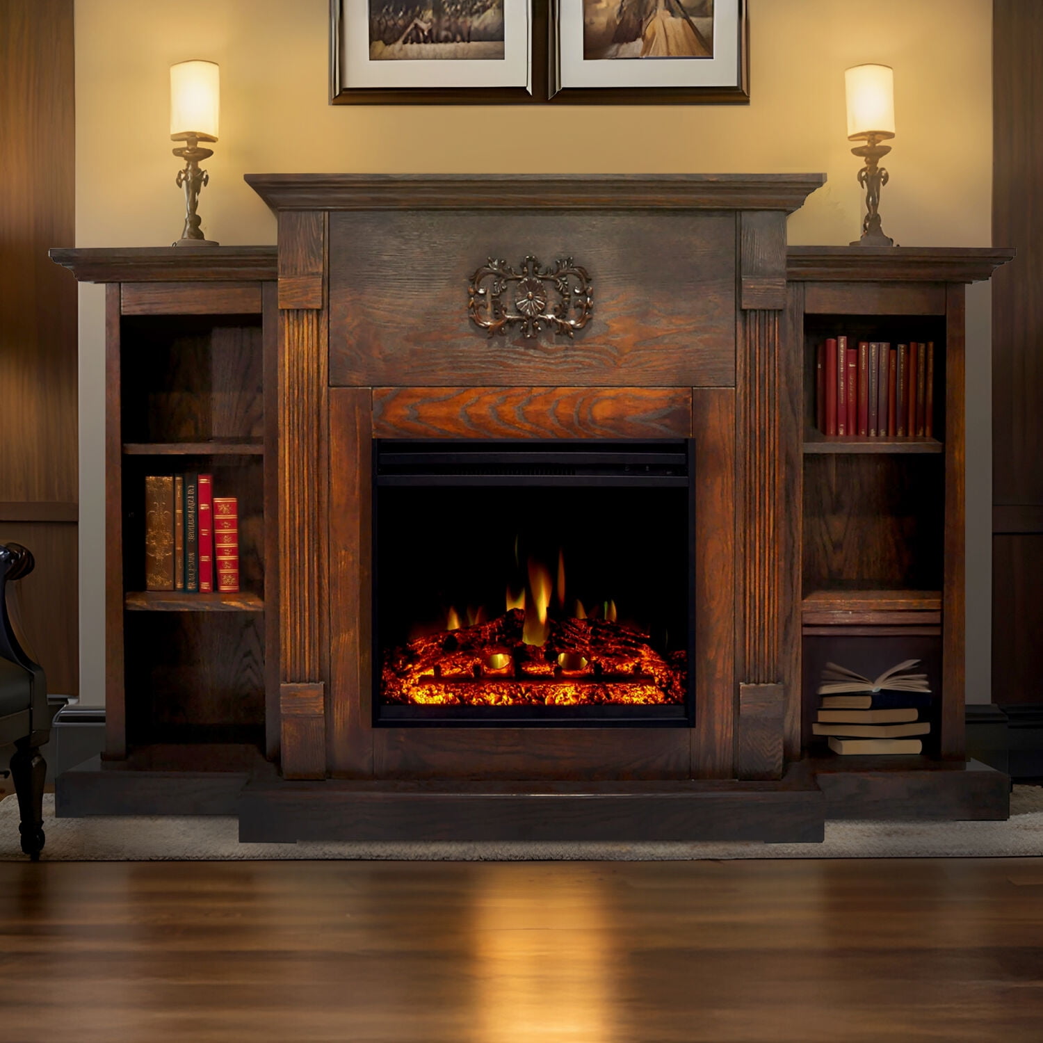 Sanoma 72'' Walnut Electric Fireplace with Mantel and Bookshelves