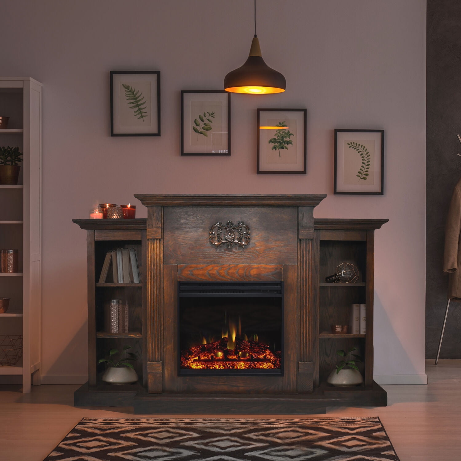 Sanoma 72'' Walnut Electric Fireplace with Mantel and Bookshelves