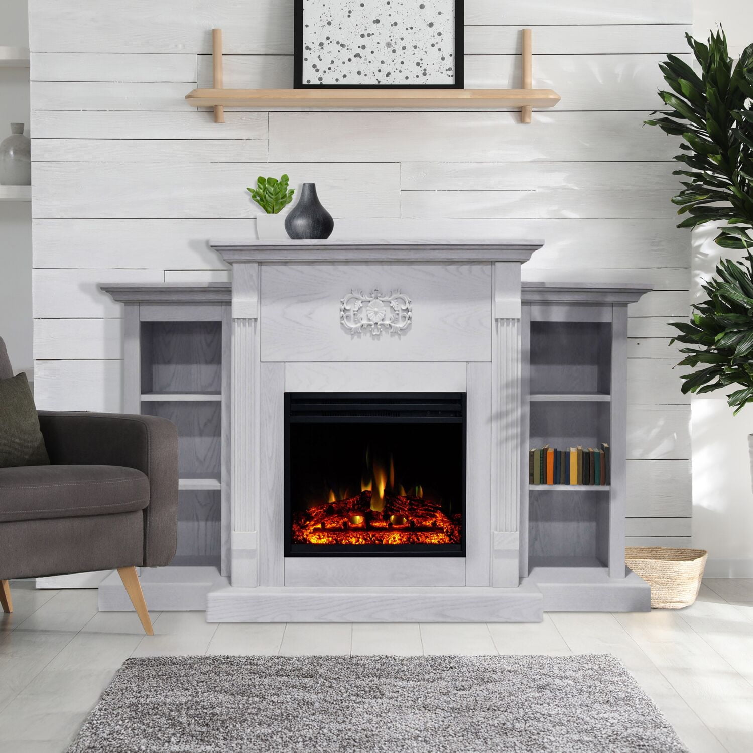 Sanoma 72-Inch White Electric Fireplace with Bookshelves