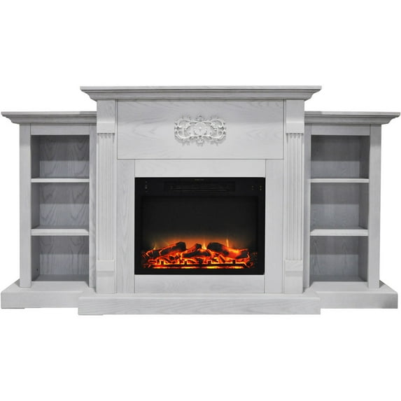 Cambridge Sanoma 72" White Fireplace TV Stand Mantel with Realistic Charred Log Insert | Electric Fireplace Heater for Indoor Use up to 210 Sq.Ft. with Remote Control & Timer