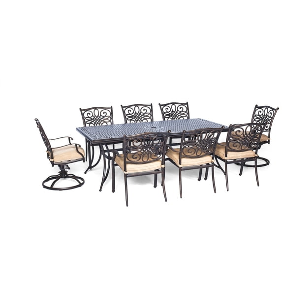 Cambridge Seasons 9-Piece Dining Set in Tan with Six Dining Chairs, Two Swivel Rockers and an Extra-Long Dining Table
