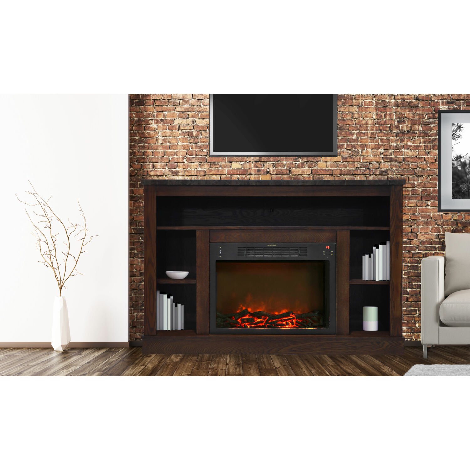 Cambridge Seville 47'' Freestanding Electric Fireplace with Remote| Log  Insert | Mahogany Mantel | For Rooms up to 210 Sq.Ft. | Storage |  Adjustable Heat Settings | 9-Hour Timer - Walmart.com