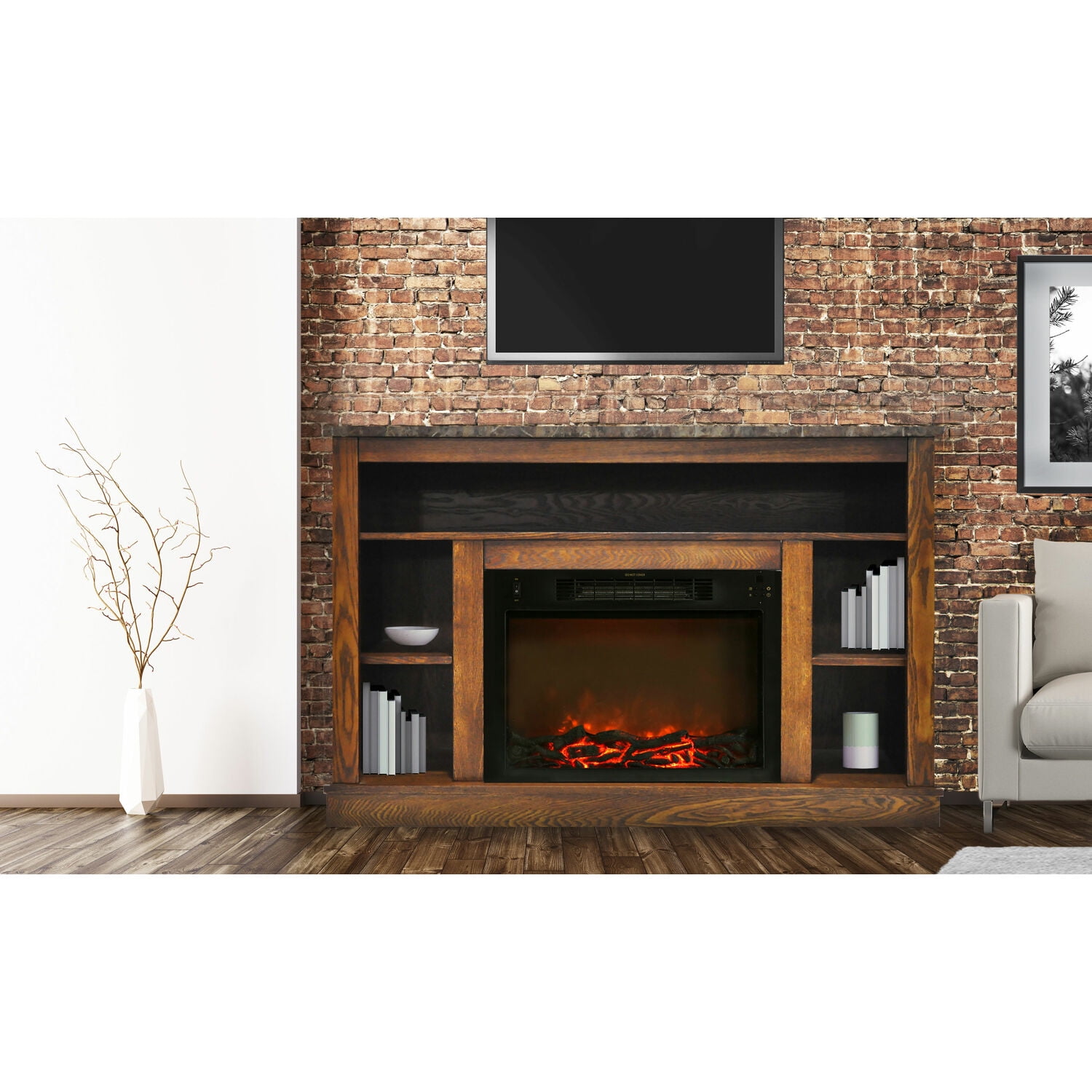 Cambridge Seville 47'' Freestanding Electric Fireplace with Remote| Log  Insert | Walnut Mantel | For Rooms up to 210 Sq.Ft. | Storage | Adjustable  Heat Settings | 9-Hour Timer - Walmart.com