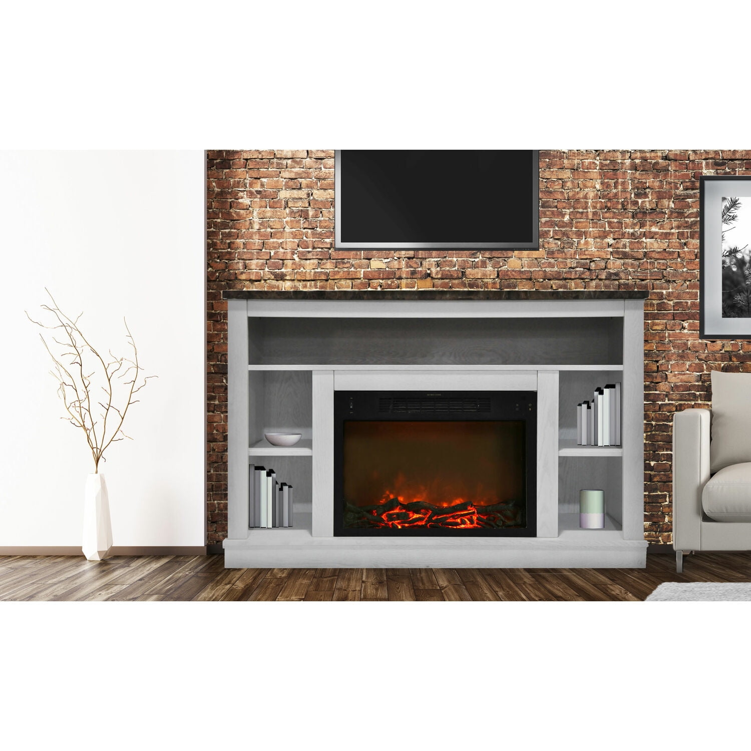 Cambridge Seville 47'' Freestanding Electric Fireplace with Remote| Log  Insert | White Mantel | For Rooms up to 210 Sq.Ft. | Storage | Adjustable  Heat Settings | 9-Hour Timer - Walmart.com