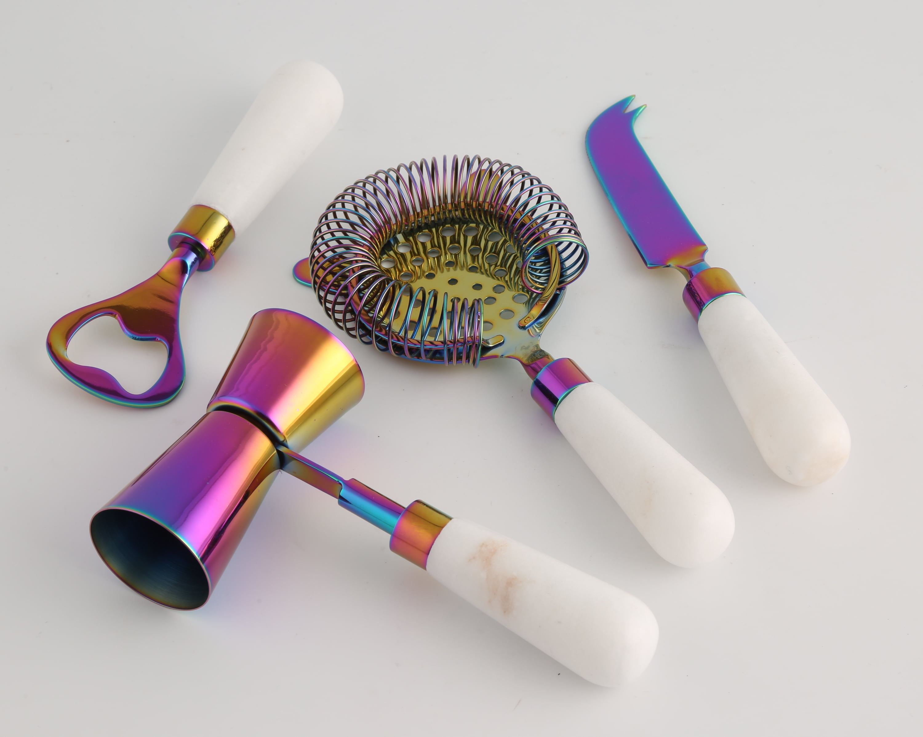 Cambridge Silversmiths 4Piece Rainbow and White Marble Bar Tool Set