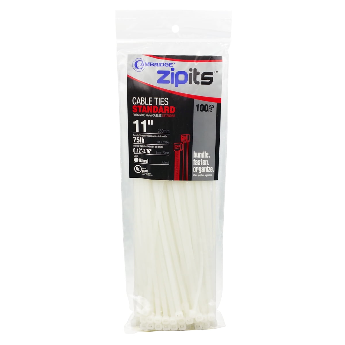Cambridge ZipIts Cable Ties 11 Inch 75 Lb Standard Duty Zip Ties 100 Pieces Natural UL Listed Contractor Quality Industrial Strength