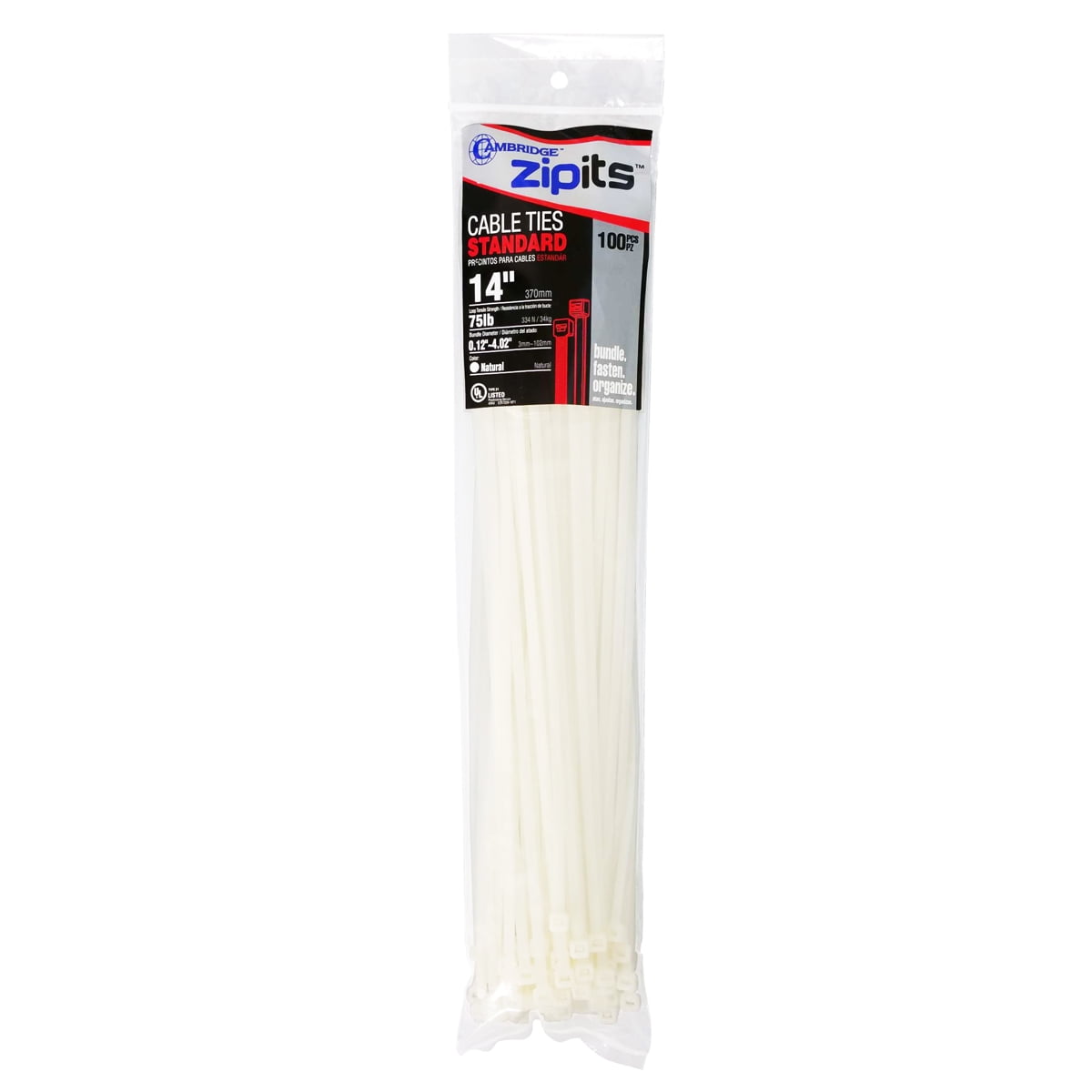 Cambridge ZipIts Cable Ties 14 Inch 75 Lb Standard Duty Zip Ties 100 Pieces Natural UL Listed Contractor Quality Industrial Strength